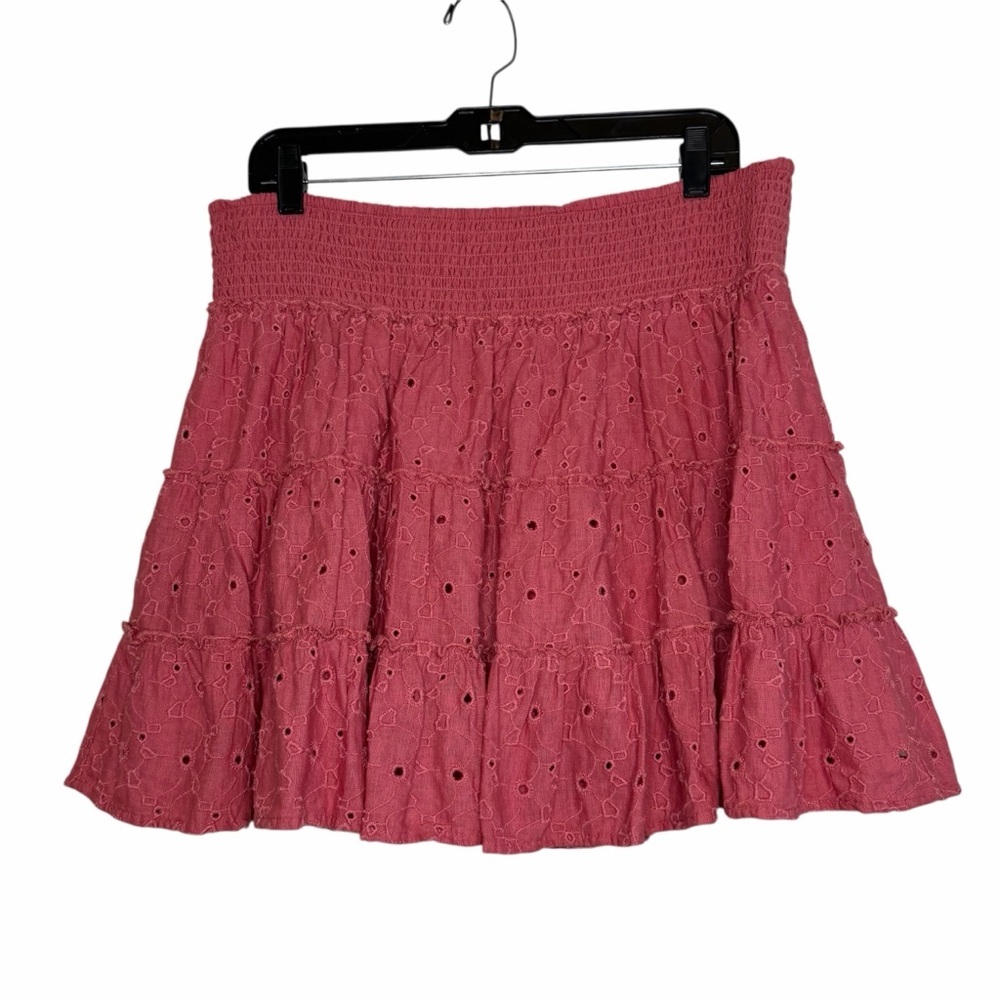 2/$30 American Eagle Outfitters Cotton Linen Pink  Eyelet Tiered Skater Skirt - Picture 2 of 9